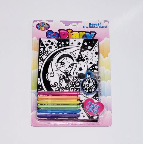 Lisa Frank Gel Pen Diary on its blister card with a heart-shaped padlock, two keys, six coloured gel pens and a free sticker sheet flash