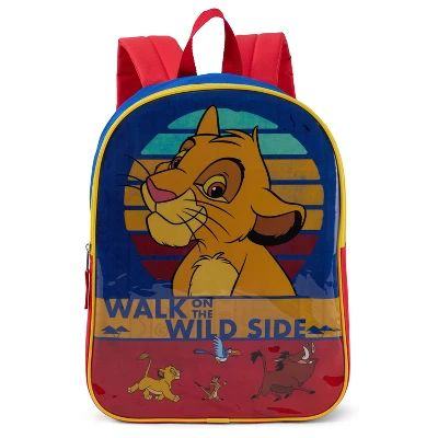 Lion King child's backpack in red, blue and yellow with young Simba in front of a sunset and Simba, Zazu, Timon and Pumbaa along the base, printed Walk on the Wild Side