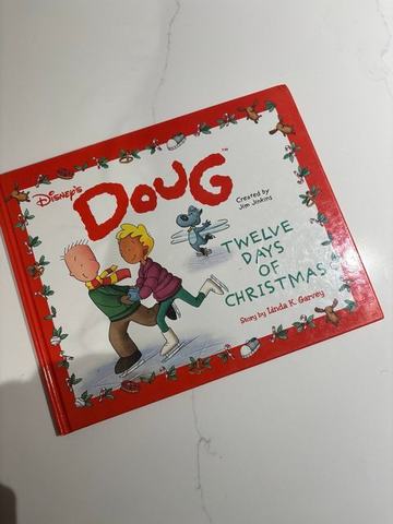 Red hardcover of Disney's Doug Twelve Days of Christmas, Doug and Patti ice skating with Porkchop, holly border around the cover panel