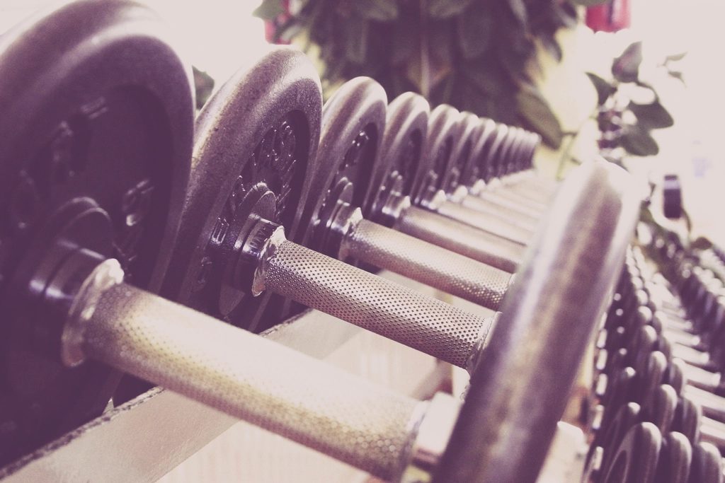 A long row of cast-iron plate dumbbells with knurled handles on a gym rack, with a soft, warm filter.
